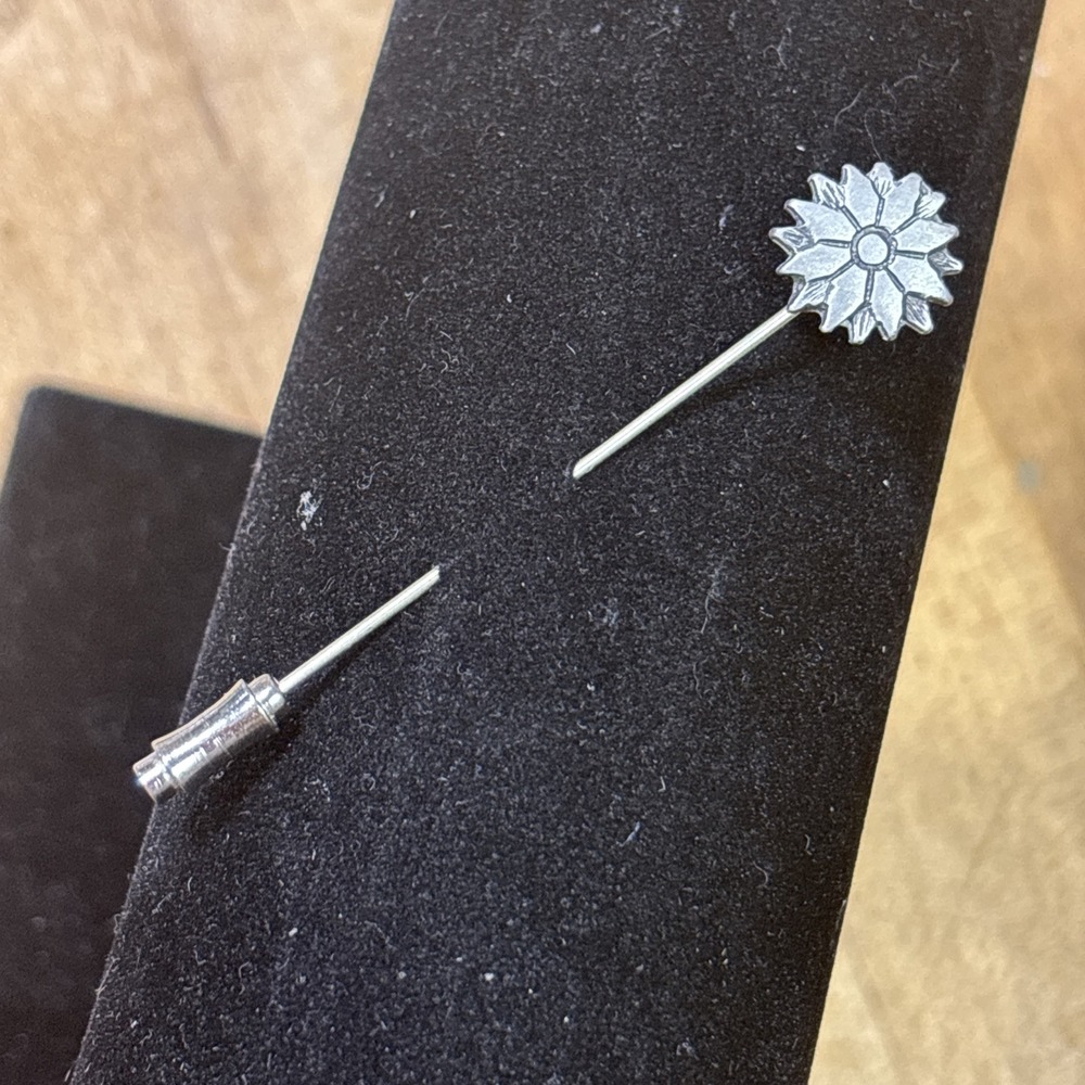 Vintage Pewter Flower Stick Pin Hat Lapel Pin Floral Silver Tone Estate Jewelry
